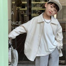 Jackets Children Solid Color Casual Coat 2024 Spring Autumn Boysplaid Beige Lapel Loose Simple Handsome Zipper Shirt Kids