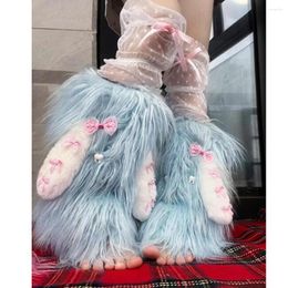 Women Socks Harajuku Pink Blue Sweet Bow Faux Fur Y2K Girls Japanese Kawaii Cartoon Ears Warm Boot Cover Streetwear