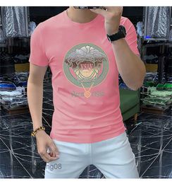 2023 new Mens t-shirts Summer heavy Hot Drill Rhinestone Short Sleeve T shirt Crew Neck Pullover Tops Hip Hop streetwear Style man pink Cotton soft Breathable tshirts