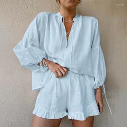 Women's Tracksuits Cotton Linen Long Sleeve Blouse Ladies Shorts Sets Fashion Casual Two Piece Set Women 2024 Summer