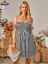 In Spring Summer Women Dress Casual Elegant Sexy Offshoulder High Waist Peplum Striped Ruffles Prom Backless Bandage 240515