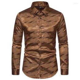 Men's Dress Shirts High Quality Formal Mens Long Sleeve Shirt Gold Luxury Jacquard Woven Silk Camisas De Hombre