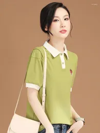 Women's Polos HCXR Women T-shirt 2024 Summer Contrast Colour Polo Shirt Strawberry Embroidered Green Casual Top