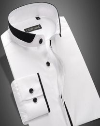 Whole2020 Fashion Mandarin Collar Men Dress Shirt Long Sleeve Solid Party White Black Male Casual Shirts Plus Size81124035369729