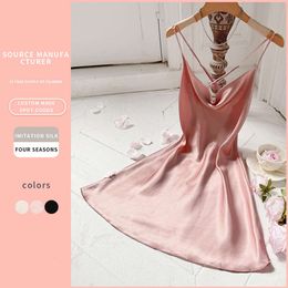 Danilin Sling Dress Ice Silk Sleeping Dress Casual Breathable Imitation Silk Sexy Fashion Open Back Sling Sleeping Dress Women