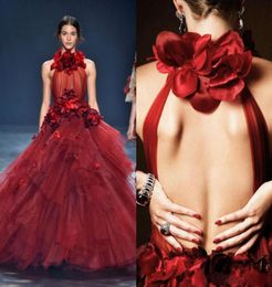 2019 Designer Red Prom Dresses Jewel Neck 3D Floral Appliques Ball Gown Floor Length Evening Dress Tiers Formal Party Dresses1641071