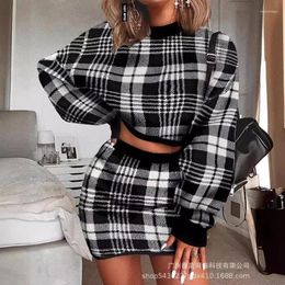 Work Dresses Independent Refinement 2024 Spring Autumn Women's Clothing Round Neck Long Sleeve Plaid Sweater Dress Suit Two-Piece Set