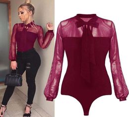 Bow Tie Mesh Shirts Women Lace Blouses Ladies Tops Black Wine Red Shirts Female Elegant Office Top Sexy Club Party Shirt Blusas6063361