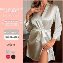 Solid color imitation silk medium sleeved women's pamas, summer short cardigan, lace up tassel bathrobe, thin and sexy pamas