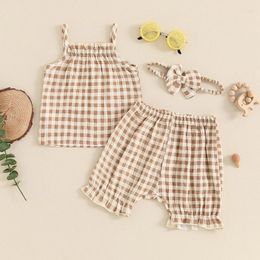 Clothing Sets Baby Girl 3Pcs Summer Outfits Sleeveless Plaid Print Cami Tops Shorts Headband Set Cute Infant Clothes Sunsuits