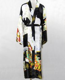 Whole Promotion Black Silk Long Robe Chinese Vintage Women Rayon Nightwear Kimono Yukata Bath Gown Plus Size S M L XL XXL XXX1703588