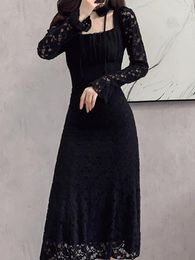 Casual Dresses Elegant Square Neck Flare Sleeves Brushed Lace Long Fishtail Dress 2024 Autumn Korean Fashion Women'S Clothing