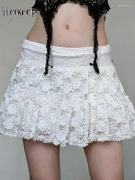 Skirts Weekeep Vintage Solid White Lace Mini Skirt Women Casual Basic Low Rise A-line Short Harajuku 2000s Clothing For Ladies