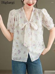 Women's Blouses Chiffon Summer V-Neck Flower Floral Print Tops Women Bow Fashion Sleeve Ladies Loose Pleated Woman