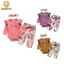 Clothing Sets Born Infant Baby Girl Long Sleeve Clothes Set Cute Ruffles Ribbed Bodysuit Top And Floral Pants Bow Headband 3PCS Outfits