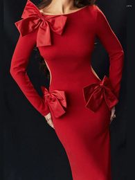 Casual Dresses Sexy Red Bow Dress For Women 2024 Long Sleeve Crop Vent Boat Neck Elegant Robes Party Year Waist Nudity Female Full Skirts