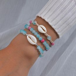 Strand 3 Piece Fashion Ocean Style Natural Shell Blue Pink Beaded Rope Braided Adjustable Women's Bracelet