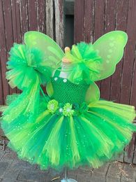 Girls Green Flower Fairy Dress Kids Glitter Tutu Dress with Butterfly Wing and Stick Hairbow Set Children Cosplay Party Costumes 240515