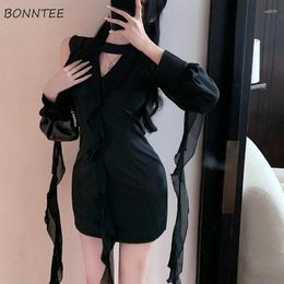 Casual Dresses Long Sleeve Black Women Sexy Hollow Out Female's Sweet High Waist Dress Spring Summer Off Shoulder Slim-fit