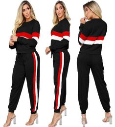 Fashion Casual Striped Round Neck Long Sleeve Longsleeves 2 Piece Pants Set Sports Wear Womens Sweatsuits8511858