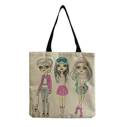 Bag Cute Cartoon Girl Print Tote Bags For Women Custom Pattern Practical Beach Casual Large Capacity Reusable Chic Linen Handbag