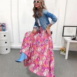 Skirts Exotic Print Flared Hem Skirt Bohemian Style Vacation With Colourful Elastic High Waist For Women A-line Big Swing