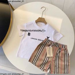 Kids Clothing Black Summer Fashion able Childrens Set Short Sleeve T-shirt Chequered Striped pants Little letter Mens and Womens Shorts Handsome Two Piece Set