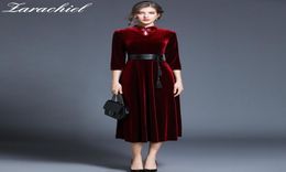 Chinese Style Cheongsam Spring Women Neck Pleated Long Vintage Dark Red Velvet Dress High Waist With Belt 2104167957042
