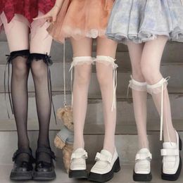 Women Socks 1/2pairs Ruffle Long Girls Sweet Ultra-thin Stockings JK Lolita Nylon Lace Leggings Over The Knee Bowknot Hosiery
