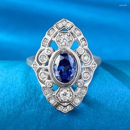 Cluster Rings S925 Silver Simulated Sapphire 6 8mm Elliptical French Waltz Ring Vintage Fashion Small And Versatile Simple