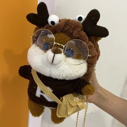 Cute dark brown sweater squirrel kindergarten plush backpack filled with animal doll toys mini bag room decoration childrens gift 240513