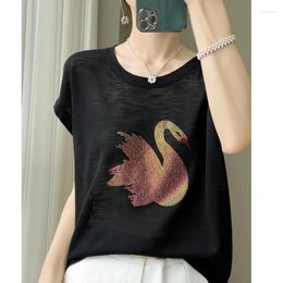 Women's T Shirts T-shirt Summer Cotton Knitwear Casual Diamond Ladies Tops Round Neck Pullover Short Sleeve Loose Tees