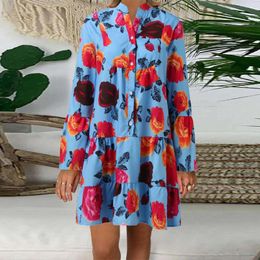 Casual Dresses Boho Floral Print Long Sleeve Dress For Women Summer Fashion Vestidos Holiday Beach Shirt Ladies Loose Mini