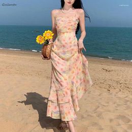 Casual Dresses Korean Style Chiffon Beach Backless Dress Women Summer Sleeveless Print Floral Fairy Slip Elegant Evening Party Dressess
