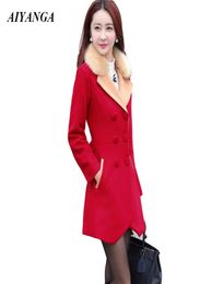 2018 Winter Women Woollen Coats With Faux Fur Collar Red Christmas Coats For Women Slim Medium long Thicken Outerwear Ladies9669150