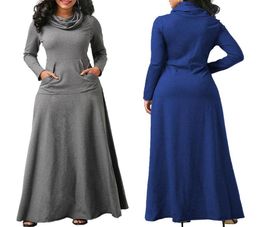 Plus Size 5XL Elegant Long Maxi Dress Autumn Winter Warm High Collar Women Longsleeved Dress 2019 Woman Clothing With Pocket2835062