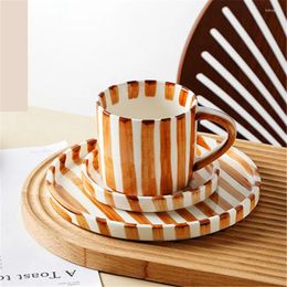 Cups Saucers Minimalist Striped Hand Drawn Cup And Plate Set Ceramic Milk Coffee 280ml/9.5oz Afternoon Tea Household Drinki