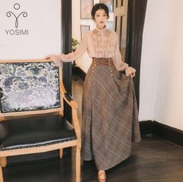 YOSIMI 2020 Autumn Winter Long Sleeve Blouse Top and Woolen Plaid Skirt and Top Set Suit Women Two Piece Outfits Sweater Skirt6595754