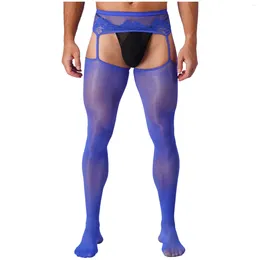 Men's Socks Erotic Sexy Pantyhose Flower Lace Crotchless Stockings Male Underwear Mans Transparent Nightwear Sex Tights Garter