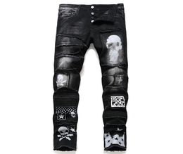 New Men039s черные звезды черепа с печатными джинсами Джинсы уличная одежда.