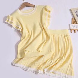 Work Dresses Sweet Elegant Suit Summer Pleated Short Skirt For Petite Women Colour Contrast Flying Sleeve Crewneck Tops Two-piece Sets