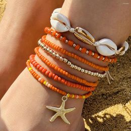 Anklets HuaTang Bohemia Shell Starfish Anklet Sets For Women Sand String Of Beads Beach Measle Jewelry Party 7pcs/set 25134