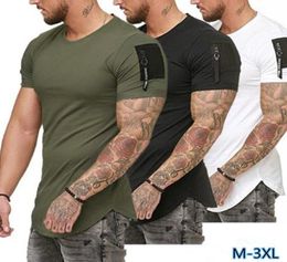 Short Sleeve Zipper Shoulder Streetwear Hip Hop Summer T Shirt Men Longline Curved Hem Tshirt Slim Funny Tshirt Plus Size M3XL4624546