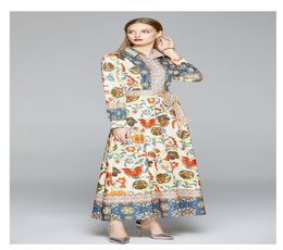 Fashion Trends Women Printing Dresses Lapel Neck Single Breasted Sliming Long Dress with Sashes Lady Casual Wear2301136