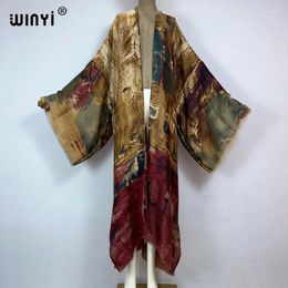 Kimono Oil Print Bikini Cover-up Elegant Beach Outfits For Women Sexy Cotton Feeling Vestidos Para Mujer Dress Kaftan