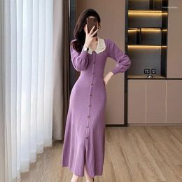 Casual Dresses France Women Long Knitted Dress Fashion Lapel Vintage Single Breasted A Line Autumn Winter Sweater Robe Knitwear Q397