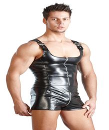 Punk Men Clubwear Sleeveless Bodysuit Zipper Front Short Jumpsuit Male Faux Leather Underwear Wrestling Singlet Leotard9249816