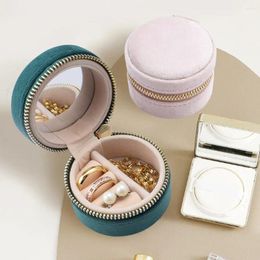 Jewelry Pouches Mini Round With Mirror Velvet Surface Ring Stud Earring Storage Box Women Trinkets Organizer Delicate Size Trend Fashion