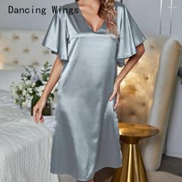 Women's Sleepwear Night Dress Women Short Sleeve V Neck Bat Homewear Long Nightgowns Nachtkleding Vrouwen Ni
