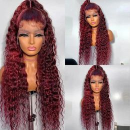 Factory wholesale Curly Human Hair Wigs Wine Red Brazilian Remy Deep Wave Full Lace Front Synthetic Wig 180% Pre Plucked 12a 12A